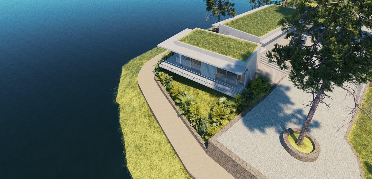Aerial view of Lot 09 on its point above the Victoria Reservoir