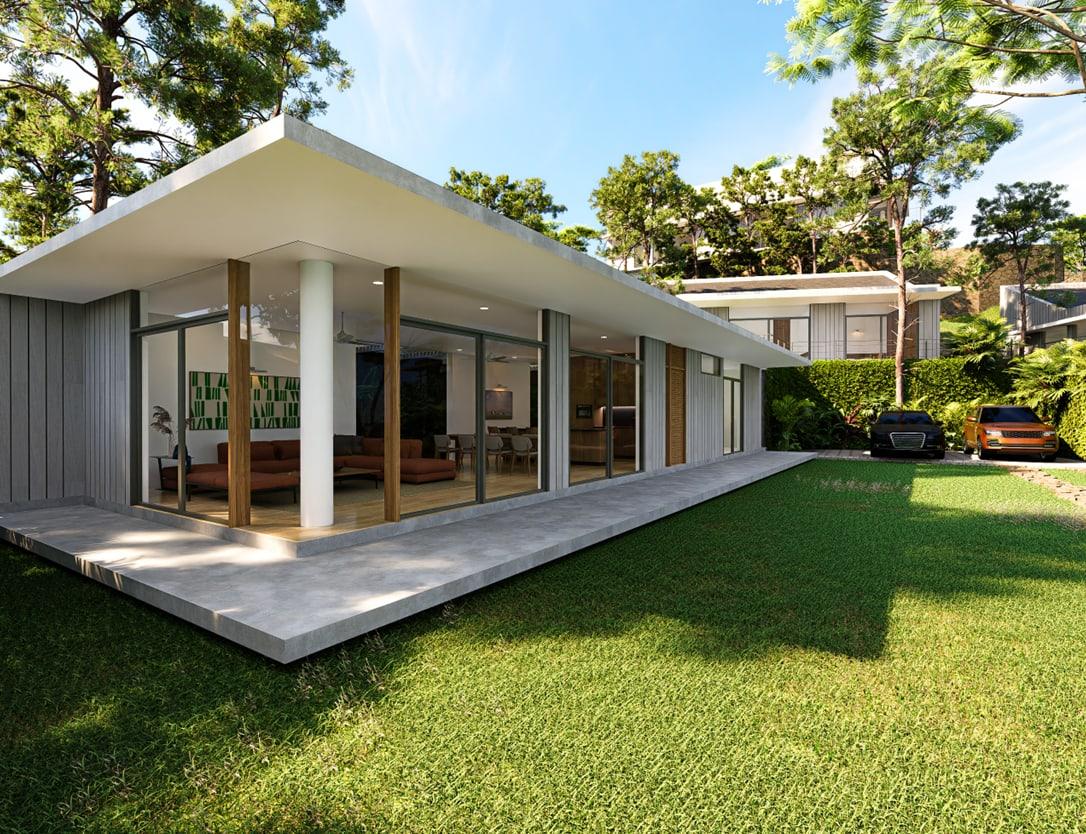 Lot 14 & 15 — a contemporary villa façade opening onto a landscaped garden