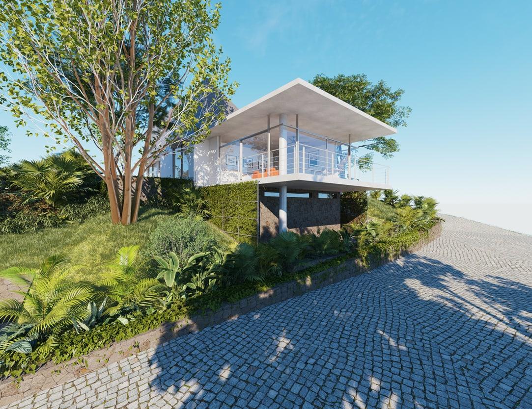 Lot 20 — a cantilevered villa façade above the reservoir