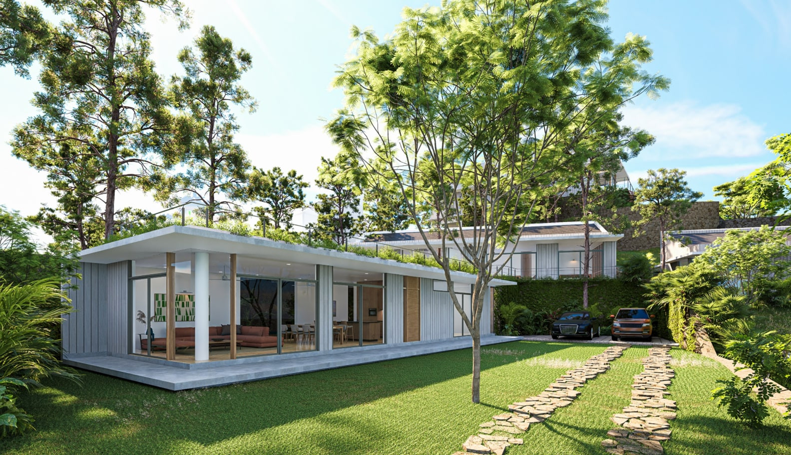 A four-bedroom Regal Victoria Lakeside villa with floor-to-ceiling glazing, set in landscaped lawns beneath tall pines