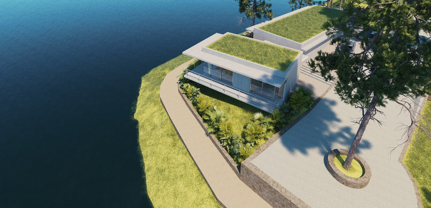 Aerial view of Lot 09 on its point above the Victoria Reservoir