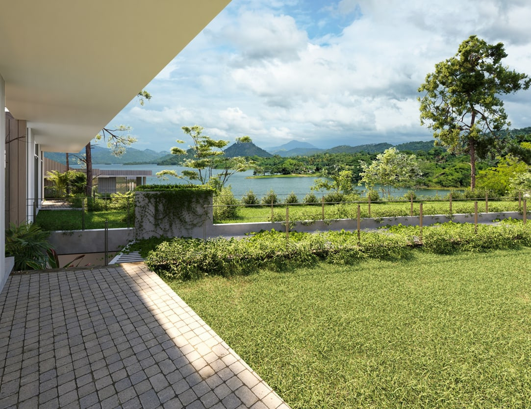 A shaded verandah and terraced garden looking across the reservoir